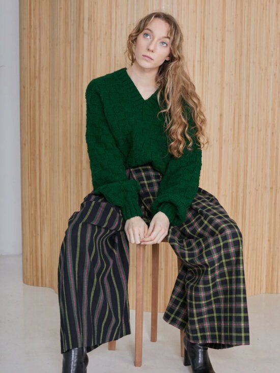 Rujuta Sheth Pants - Wide Leg Plaid & Stripe Mixed-Pattern Pants — Green Accent